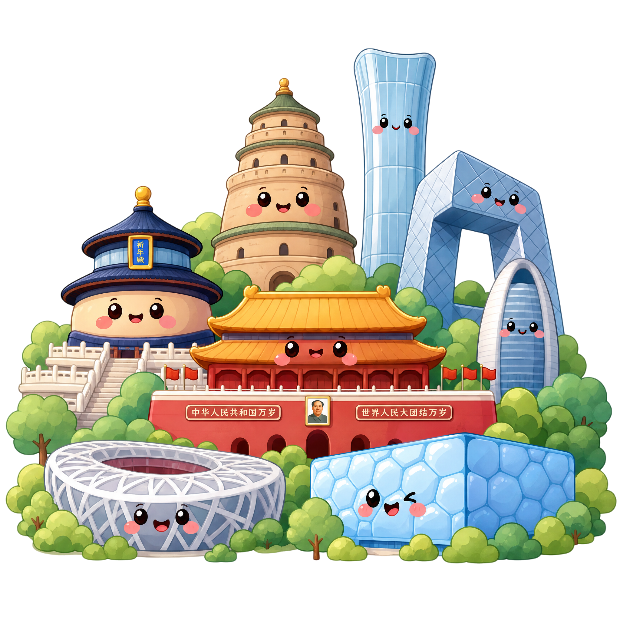 可爱Q版卡通风格的北京特色地标建筑插画，包含传统中式古塔、红色… - 图片创意预览