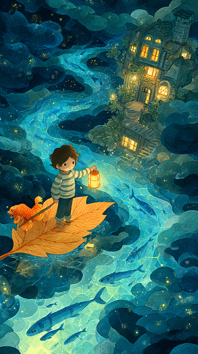 A heartwarming bedtime adventure illustration, Studio Ghibli style. A little explorer in cozy striped pajamas sails on a giant autumn leaf boat across a calm, star-reflecting sea. A school of gentle, bioluminescent ribbon-fish glows with soft blue light, forming a winding path through the dark water. In the explorer's hand, a paper lantern holds a cheerful orange goldfish, casting a warm glow on his determined face. The luminous path leads to a magnificent floating treehouse nestled among clouds, its windows shining with inviting yellow light. Style: delicate watercolor and pencil textures, dreamy nocturnal atmosphere, magical and safe feeling, emphasis on the contrast between the cool fish-light path and the warm lights of home.