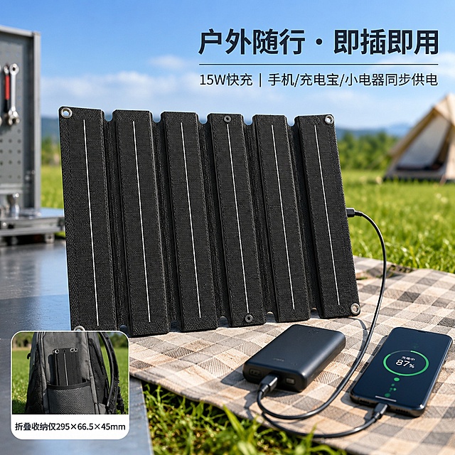 [主图-4] 场景体验页 - 户外便携使用实拍（实用主义·人群代入）
[氛围风格] 工厂台面延伸至户外场景过渡：左侧仍为金属台面，右侧渐变为露营草地+晴空背景；产品展开置于野餐垫上，旁放一部手机+充电宝正在充电，USB线自然垂落；远处虚化帐篷一角，强化“户外应急供电”场景。
[画质] 自然光实拍质感，产品清晰，草地质感真实；手机屏幕显示“充电中 87%”。
[元素] image2 产品占画面60%；手机与充电宝为常见型号（非品牌logo），仅展示充电状态；产品阴影投射在垫子上，符合光照方向；左下角加小窗：折叠态收纳进背包侧袋示意（引用 image1 折叠形态）。**产品外观与 image2 一致**。
[光影] 正午顶光+侧逆光组合，产品表面有自然高光，无过曝；草叶边缘有轻微轮廓光; 整体明亮通透.
[配色] 主色：产品黑、草地绿、天空蓝; 文字用深灰（#2D2D2D）确保对比.
[视角构图] 平视略低角度，增强临场感; 产品-手机-充电宝呈三角构图.
[文字版式] 右上角主标题“户外随行 · 即插即用”；中部辅助句“15W快充｜手机/充电宝/小电器同步供电”；左下小窗标注“折叠收纳仅295×66.5×45mm”；所有文字左对齐，安全边距≥5%.
[比例分辨率] 1:1, 2K；文字清晰可辨.
[负向提示词] 室内场景、无设备充电、产品变形、背景杂乱、水印.