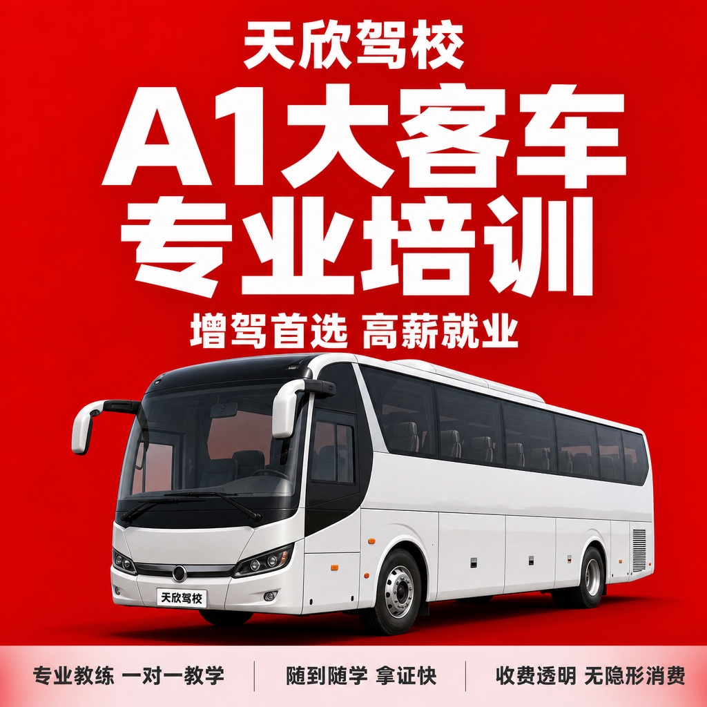 基于参考图的驾校红底白字风格，生成天欣驾校A1大型客车驾照培训… - 图片创意预览