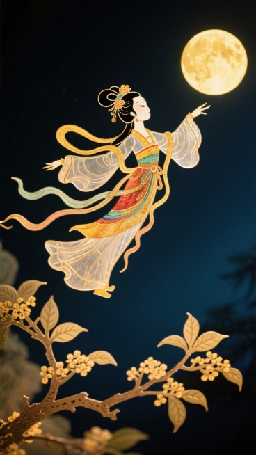嫦娥奔月，悬浮飞翔于夜空，构图新颖，大胆夸张，飘逸，前景有桂花树枝预览效果