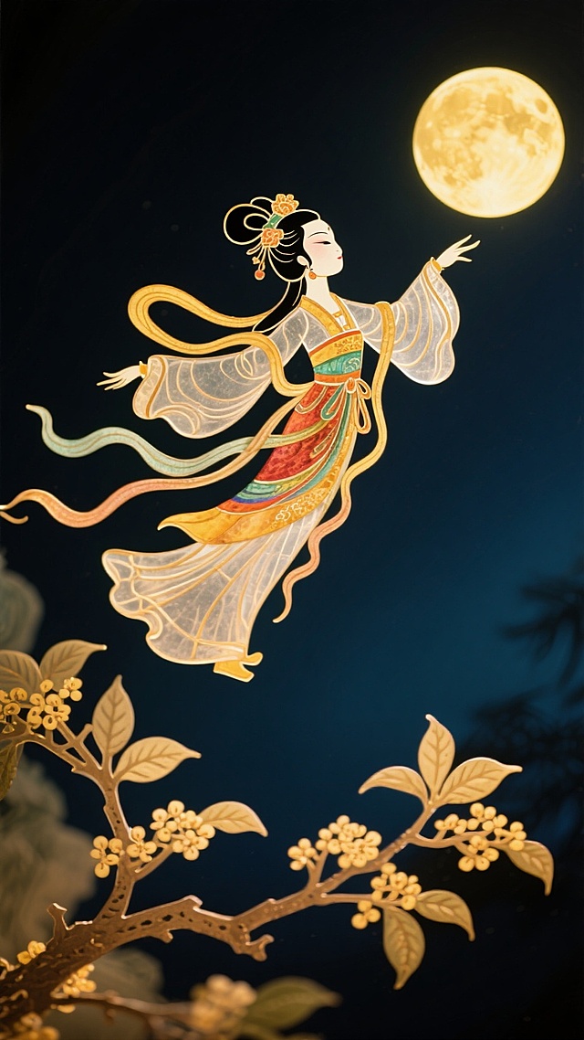 嫦娥奔月，悬浮飞翔于夜空，构图新颖，大胆夸张，飘逸，前景有桂花树枝