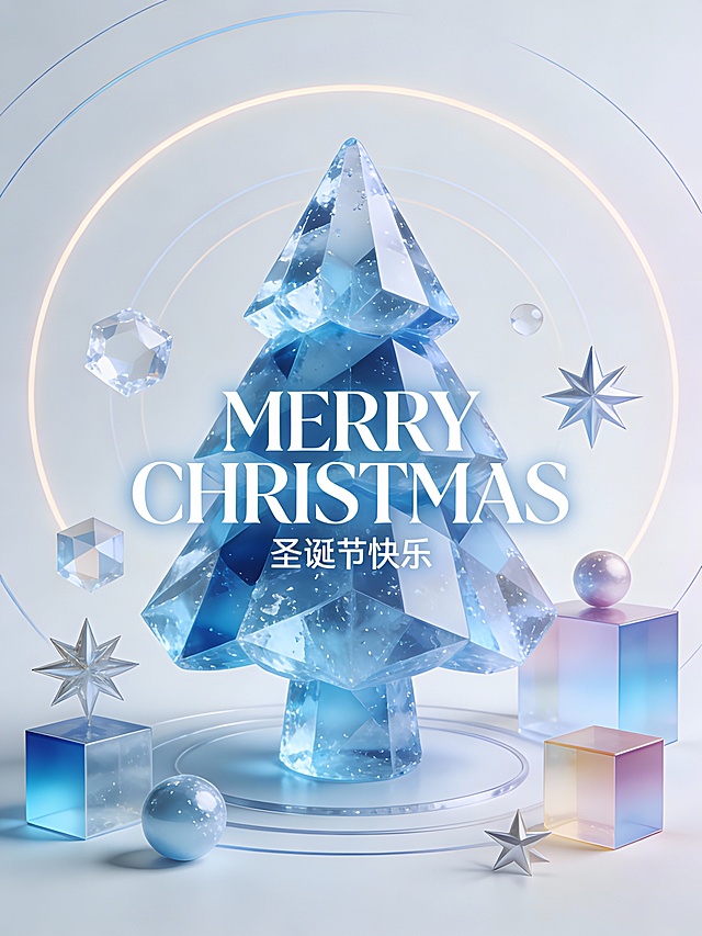 蓝色立体几何图形构成的圣诞树，核心部分带有光滑的冰晶质感，周围环绕透明与渐变色的几何装饰（立方体、球体、星形等），通过丰富的光影效果增强立体感与视觉层次，展现节日科技感。背景采用浅色调搭配柔和的环形光晕与线条装饰，简洁而富有氛围。画面中央呈现艺术字体“MERRY CHRISTMAS”，下方搭配小字“圣诞节快乐”，整体信息清晰突出。
