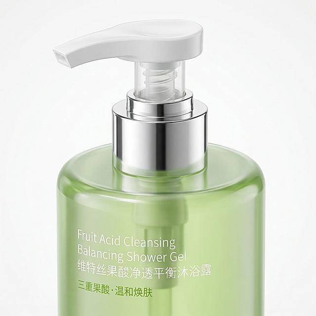 电商产品摄影，1:1 正方形构图，维特丝果酸净透平衡沐浴露的瓶身材质与细节特写，镜头近距离拍摄产品的按压泵头和瓶身肩部，清晰展示白色按压泵头的精致设计、银色金属接口以及淡绿色瓶身的光滑通透质感。严格还原参考图中的产品，包括包装设计、颜色、LOGO 位置、文字内容、图案元素等所有细节，产品外观必须与参考图完全一致，不得改变包装设计、配色方案或品牌元素，保持产品的真实材质质感（高光 / 光滑 / 通透）。瓶身表面光滑，有轻微反光，体现出高品质的材质工艺，泵头按压顺畅的细节清晰可见，背景为纯白色，简洁干净，突出产品的材质质感和工艺细节，让用户直观感受产品的高品质，适合作为电商详情页材质工艺展示图。负面词：模糊，反光失真，材质粗糙，泵头变形，颜色错误，瓶身污渍，划痕，破损，噪点，低清晰度，拉伸，截断，背景杂乱，阴影过重，过度曝光，细节缺失，品牌元素不完整，瓶口污渍，金属接口生锈，不自然光影，色彩不协调，画面杂质，构图不合理，产品角度错误，细节模糊，塑料感过重