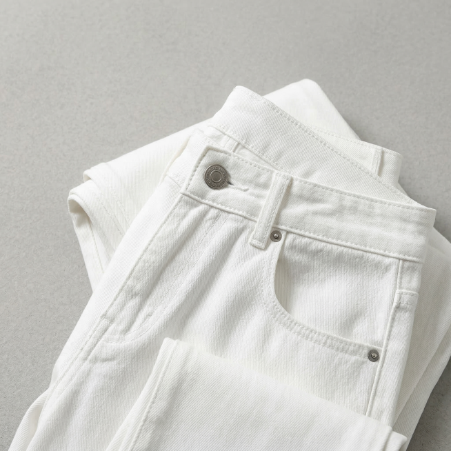 保持原白色牛仔裤产品主体不变，采用局部随意堆放摆放姿势，近景特写展示腰头纽扣和口袋细节，放置在浅灰色微水泥地面，细腻哑光水泥肌理，影棚级均匀顶光柔光，产品带极淡自然投影，CRI95+高显色指数，8K超预览效果