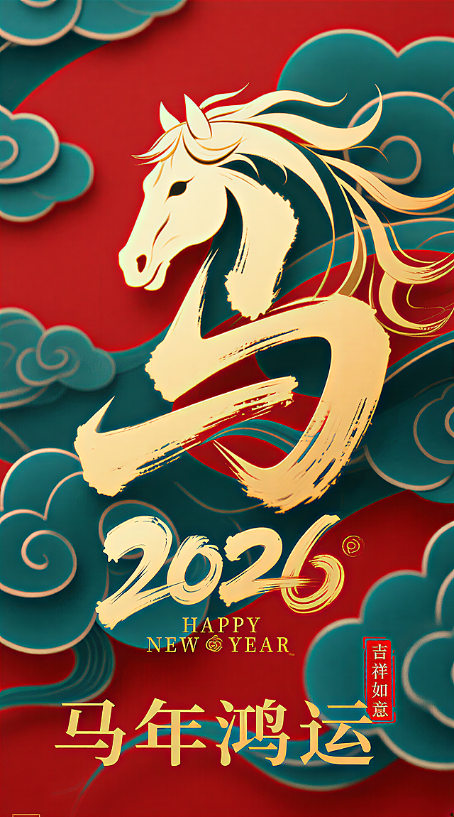国潮风剪纸与鎏金浮雕结合，马形书法跃然纸上，红蓝配色喜庆祥瑞，2026马年鸿运主题，尽显中式美学韵味。
