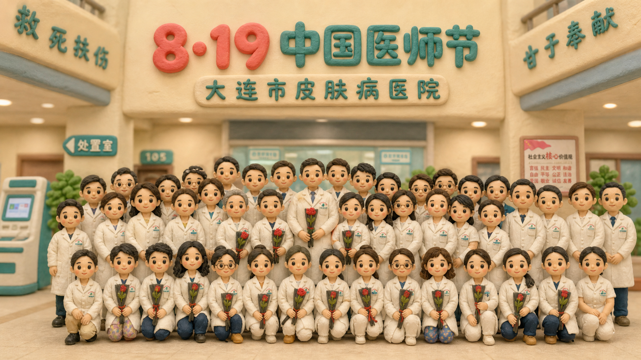 将这张大连市皮肤病医院医生集体合影照片改造成粘土定格动画风格漫… - 图片创意预览