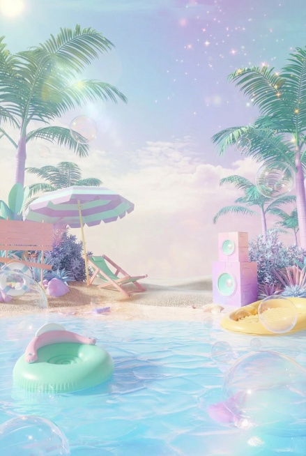 Create an image of the sea, a summery atmosphere, soft pastel colors, and a subtle holographic effec预览效果