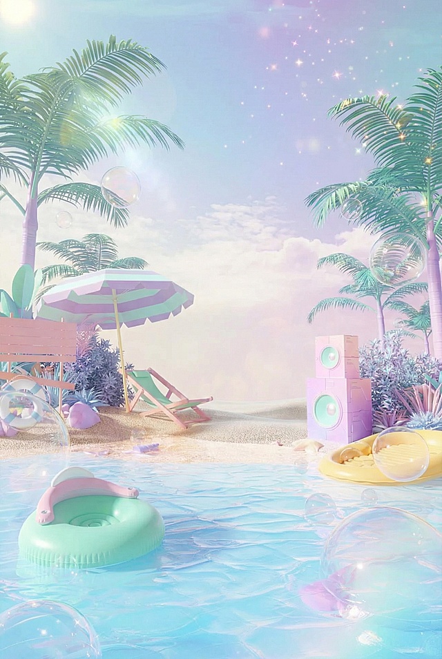 Create an image of the sea, a summery atmosphere, soft pastel colors, and a subtle holographic effect, while preserving the original image details.