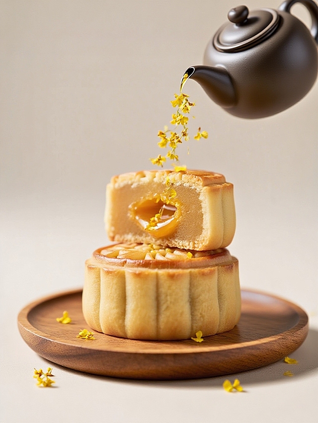 中式感月饼，清新柔和，国潮风设计，轻拟物手法，简约主义呈现，木雕风底座，中秋佳节氛围。