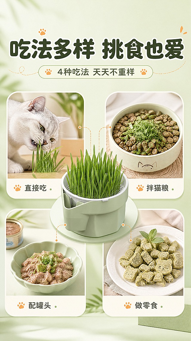 [商品] 使用【图1】无土猫草杯；保留薄荷绿色杯身、白色网格托盘、杯中猫草；商品处理：猫草长势良好，可剪取食用。
[画面] 目标：展示猫草的多种食用方式。构图：场景拼图型，2×2圆角卡片布局展示4种吃法。左上：直接喂食猫咪吃猫草；右上：剪碎拌入猫粮；左下：搭配猫罐头；右下：自制猫草零食。中心位置放猫草杯主体。产品占画面30%，4个场景卡片各占20%。背景：清新薄荷绿渐变。
[视觉] 套系策略：风格=清新自然治愈风商业摄影，宠物用品温馨感；标题字=圆润可爱无衬线粗体；正文字=简洁无衬线体；主色=清新薄荷绿；背景延展=基于薄荷绿做深浅层级、同色渐变和自然植物/纸张质感；强调色=暖橙色，仅用于小面积图标、引线和标签；标题色=深墨绿；正文色=中暖灰；组件=圆角浅底信息卡、细线引线、可爱猫爪图标；光影=左前侧柔和自然光，温暖明亮。
[文字] 顶部主标题"吃法多样 挑食也爱"，副标题"4种吃法 天天不重样"。4个圆角卡片下方分别标注：直接吃、拌猫粮、配罐头、做零食。文字清晰，横向排版。
[规格] 图片比例9:16竖版，4K分辨率，避免变形、错字、文字过小、冷蓝/蓝灰背景、产品颜色改变、结构失真。