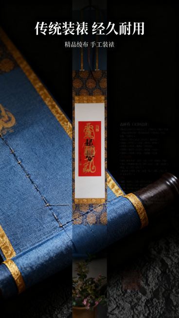 [第5屏] 装裱工艺-卷轴装裱细节展示。本屏使用【图1】展示卷轴装裱部分。
[氛围/风格] 工艺展示，清晰特写，传统装裱质感，高级手工感。
[元素布局] 画面主体展示卷轴的装裱部分，包括蓝色绫布、金色预览效果