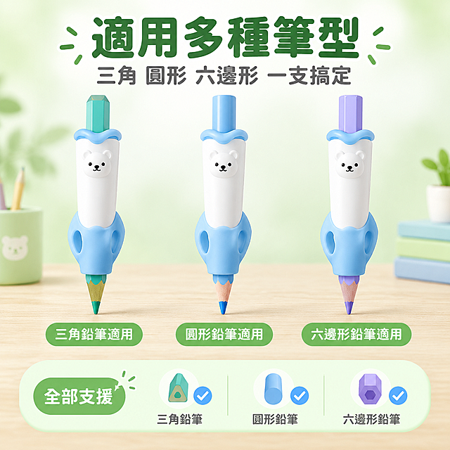 [主圖2] 多筆型適用展示圖，證明小熊握筆矯正器可放入三角形、圓形、六邊形等多種鉛筆，解決買家對兼容性的顧慮。
[統一基調] 台灣蝦皮電商主圖，1:1正方形，淺綠+淺藍清爽配色，白色為主背景，字體採用圓潤可愛的無襯線體，標題字色為深綠色，副標題與說明文字為深灰色，強調色為淺藍色，卡片採用圓角淺綠色半透明樣式，整體風格明亮清新、親子學習感。
[畫面] 畫面中央水平排列三個小熊握筆矯正器，分別插入不同形狀的鉛筆：左側插入三角形鉛筆（筆身有三面），中間插入圓形鉛筆（普通圓桿），右側插入六邊形鉛筆（筆身有六面）。三個產品整齊排列，產品佔畫面約50%。每個產品下方有一個圓角小標籤，分別標註「三角鉛筆適用」「圓形鉛筆適用」「六邊形鉛筆適用」。畫面頂部為標題區域，底部有一個兼容性矩陣小圖示，用三個小圖標代表三種筆型，全部打勾表示都支援。背景為淺綠色柔和漸變，底部有木質桌面紋理。
[光影質感] 商業攝影質感，均勻柔和的頂光，每個產品下方有輕微接觸陰影，三個產品光影一致，矽膠部分柔軟霧面，ABS筆身光滑微反光。
[配色] 主背景淺綠漸變白，產品白+淺藍，標題深綠，說明深灰，標籤淺綠色底白字，打勾圖標為淺藍色。
[文字版式] 畫面頂部居中大標題「適用多種筆型」，深綠色粗體。標題下方小字副標題「三角 圓形 六邊形 一支搞定」，深灰色。三個產品下方各有一個圓角小標籤，白字淺綠底。底部兼容性圖標區域有三個小圖標加文字說明。
[輸出要求] 1:1比例，2048x2048，文字清晰，產品清晰不變形，三種筆型形狀區分明顯，無水印，無錯別字。