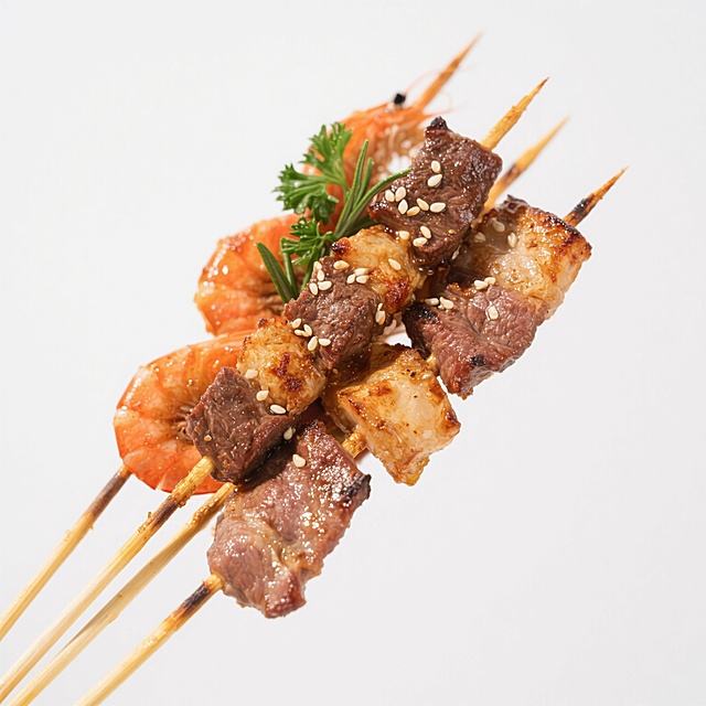 超写实风格美食摄影，多串烤肉串特写，纯白色纯色背景，画面主体为几串不同种类的烤串交错堆叠，包含表面撒有白芝麻、呈现焦香棕褐色的烤牛肉块，外壳酥脆、虾肉饱满呈橙红色的烤虾，以及边缘微焦、肉质鲜嫩的烤猪腰片，每串均用淡黄色竹签串起，部分烤串顶端点缀几片翠绿的迷迭香和欧芹叶，肉质表面有清晰的烤炙纹理和油润光泽，局部有晶莹的肉汁反光，整体光影对比鲜明，高光处凸显油亮质感，阴影部分增强立体感，保持原图中食物的真实质感和诱人色泽，无任何文字、LOGO、二维码及多余装饰元素。