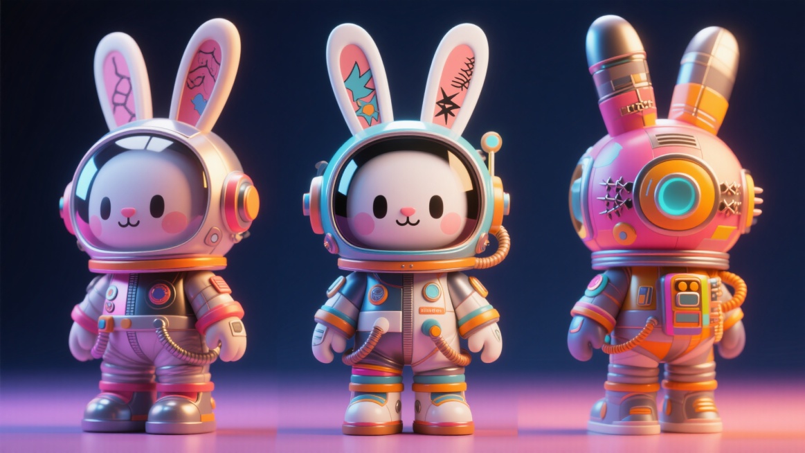 趣味朋克风3D太空兔子，穿着炫酷宇航服，宇航服带有朋克元素，耳朵为手绘风格材质，纯色背景（与前三张不同色），简约高级，磨砂玻璃质感，OC渲染器，Blender渲染，极致清晰度，杰作预览效果