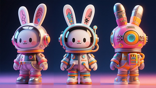 软3D风设计，可爱兔子拟人化，身着未来科技感宇航服，色彩斑斓，展现梦幻太空探索主题。