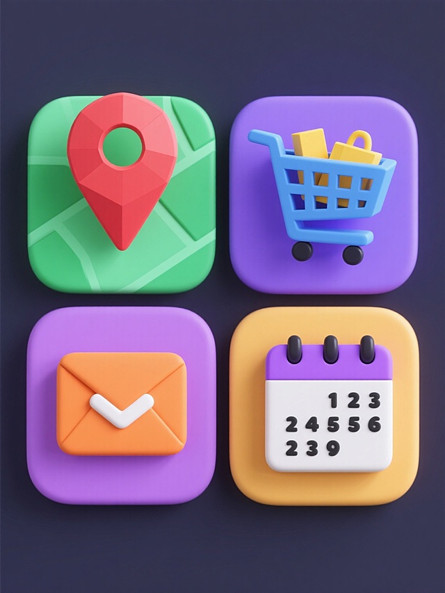 4个不同内容的3D立体图标系列，每个图标均为简约几何造型、圆润边缘、哑光质感，保持相同低多边形风格和纯色背景，分别为：红色定位标记插在绿色地图上、蓝色购物车装着黄色商品、橙色信封上有白色信件符号、紫色日历上有黑色日期数字，4个图标呈2x2网格规整排布，每个图标背景颜色不同且协调统一，整体构图平衡对称，视觉层级清晰，符合现代UI设计的简洁信息传达需求。