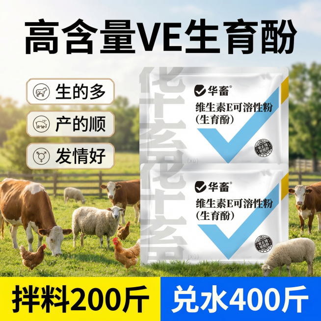 [畜牧用生育酚主图]；
[氛围/风格]：写实电商宣传风格，真实养殖氛围，自然日光，光线通透柔和，产品质感光滑真实；
[画面元素]：2袋华畜维生素E可溶性粉竖向排列在画面右侧，上面的被下面的轻轻压住；牛预览效果