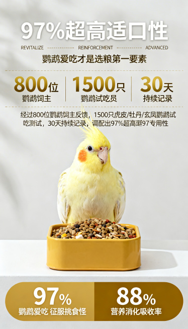 高端宠物商业摄影风格，柔和自然的影棚布光，画面干净高级，羽毛细节拉满。画面顶部居中排版：超大号加粗暖白色主标题 “97% 超高适口性”，标题下方居中排列三个用细竖线分隔的细体暖白色英文标签 “REVI预览效果