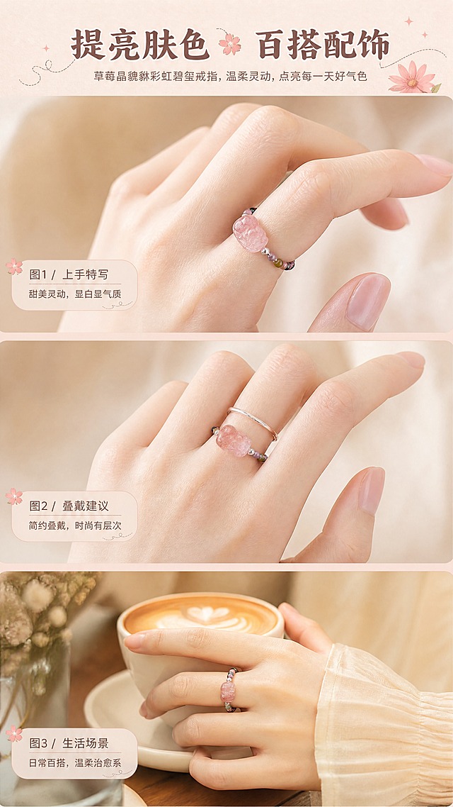 [商品] 使用【图1】草莓晶貔貅彩虹碧玺戒指；保留戒指的草莓晶貔貅、彩虹碧玺珠串、银色隔珠和整体环形结构，颜色材质比例不变；戒指需自然贴合手指形态，佩戴位置真实合理。
[画面] 页面目标：三图拼接展示佩戴效果与百搭性。构图：竖版三等分拼图，从上到下三张图：
图1（上手特写）：亚洲女性白皙修长的手，戒指戴在中指上，手指自然微曲，突出显手细效果，背景浅米色柔焦；
图2（叠戴建议）：同一只手，本戒指与一只细款素银戒指叠戴在相邻手指上，体现时尚层次感，背景同色系；
图3（生活场景）：佩戴戒指的手轻轻握着一杯拿铁咖啡，或轻抚米白色裙摆，展示日常穿搭的百搭感，暖调咖啡馆/居家场景；
三张图之间用细粉色线条或留白分隔，整体风格统一。
[视觉] 套系策略：风格=温暖治愈系精致生活商业摄影；标题字=圆润柔美衬线粗体；正文字=纤细优雅无衬线体；主色=浅粉米色；背景延展=基于浅粉米色做深浅渐变、亚麻织物纹理、艺术纸肌理；强调色=玫瑰粉，仅用于小面积图标、引线和装饰光点；标题色=深玫瑰棕；正文色=暖灰棕；组件=圆角浅底信息卡、细曲线引线、小花朵装饰；光影=柔和暖调自然光，手部皮肤白皙通透，戒指光泽自然。
[文字] 画面顶部横向排列主标题"提亮肤色"，副标题"百搭配饰"，文字位于三图拼图上方的统一标题区，不遮挡手部主体。
[规格] 图片比例9:16竖版，4K分辨率，避免变形、错字、文字过小、冷蓝/冷灰色调、戒指结构失真、手部比例失调、珠子颜色改变。