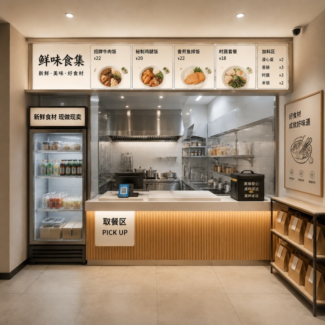40平方左右的外卖档口，简洁干净的餐饮空间设计，带有操作台和取餐区预览效果