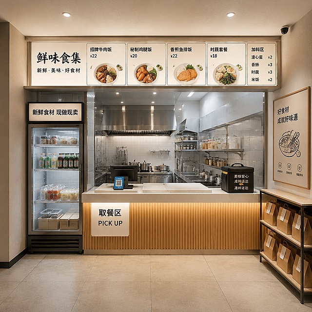 40平方左右的外卖档口，简洁干净的餐饮空间设计，带有操作台和取餐区