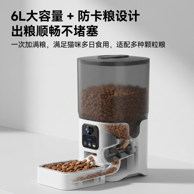 [主图 3] 宠物智能喂食器大容量防卡粮核心卖点展示图，展示6L储粮桶特写和防卡粮结构演示，写实电商风格
[氛围风格] 简约写实，突出产品细节，干净通透
[画质] 商业摄影质感，光线柔和通透，产品清晰预览效果