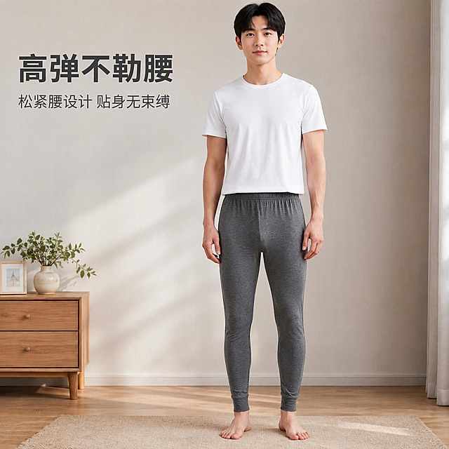 将图中秋裤修改为更修身塑身的版型，减少松垮感，让裤子更贴合腿部线条，呈现紧身显瘦的效果，腰头保持松紧设计但更贴合腰部，整体裤型更利落有型，面料依然保持莫代尔柔软质感。人物姿态、背景环境、上衣、文案内容和位置均保持不变，只修改秋裤的版型使其更修身紧身。保持秋裤颜色、材质与原图一致，杜绝变形和色差。