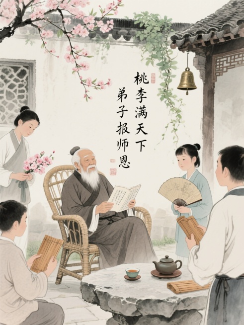 古风水墨画风格，初春庭院，年迈先生端坐藤椅，周围成年弟子或捧桃花、或递诗集、或摇蒲扇，石桌上摆着热茶与书院旧茶盏，弟子手中握着木简，院墙上青藤间挂着铜铃，整体氛围温馨治愈，诠释“桃李满天下，弟子报师恩预览效果