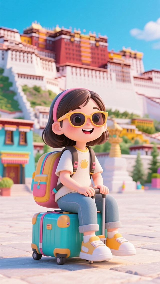 一个背着双肩包、带着墨镜的女生，坐在行李箱上，开心神态，背景布达拉宫