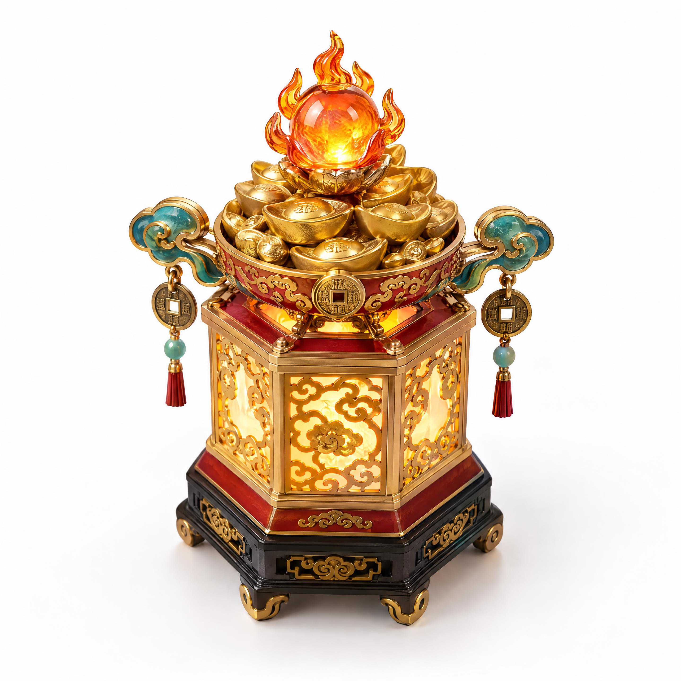 海宁博物馆文创产品效果图第一张：桌面迷你聚宝盆灯彩摆件，产品摄… - 图片创意预览