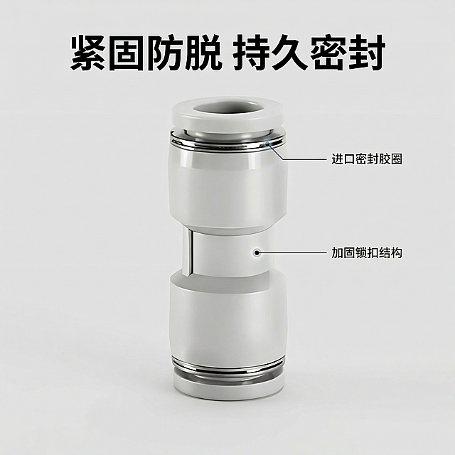 [垫图] https://gdesign-dam-hz.dancf.com/35964862807787566/007175f61b964a4cb0eedf85d7aebe58.png
[主图主题] PU直通接头核心结构卖点展示
[氛围/风格] 简约工业科技风，冷硬质感
[画面元素] PU直通产品居中，使用极细科技感引线标注产品核心部位，引线末端带定位光点。清晰标注结构对应的功能，背景为纯净浅灰工业风，背景铺满全屏无边框。产品主体突出，引线纤细不遮挡。
[配色色系] 主色调：浅灰背景，产品白色；辅助色：黑色引线，灰色标注文字
[视角构图] 正面平视，整体构图均衡，主体清晰
[文字版式] 主标题 “紧固防脱 持久密封”，黑色加粗无衬线体位于顶部；引线标注对应部位：“进口密封胶圈”、“加固锁扣结构”，小号黑色字体，专业清晰，文字不遮挡主体。
2k 分辨率