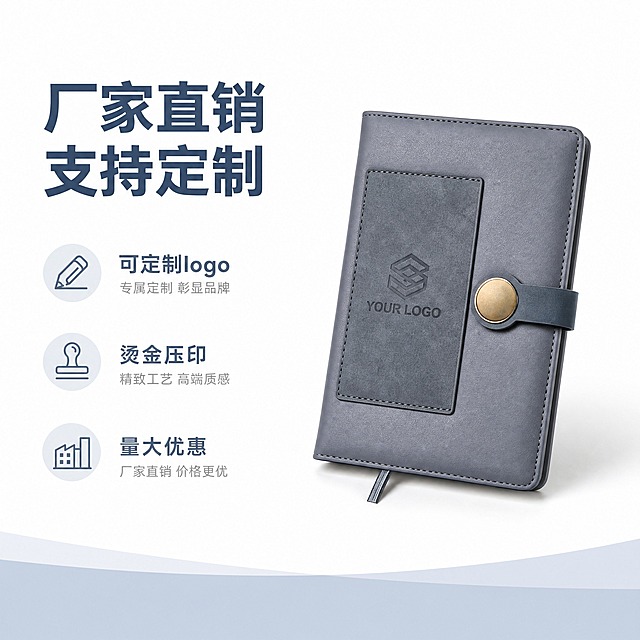 [主图-3] 厂家直销定制服务宣传图，突出可定制logo、烫金压印服务和厂家直销优势，笔记本搭扣保留金属金色。
[统一基调] 淘宝/天猫1:1主图，白色纯净背景，浅色简洁大方基调，专业商务感，主标题深灰蓝色，辅助文字浅灰色，画面设计配色不使用黑色，字体为简洁无衬线粗体。产品本身的金属金色搭扣保留原样。
[画面] 画面中央偏右放置一本灰色搭扣笔记本，正面展示，略微倾斜角度，产品占画面约45%。笔记本搭扣为金属金色质感，是产品本身特征必须保留。笔记本封面贴片区域展示定制logo压印效果示意（用浅灰色压印纹理表现）。左侧区域放置定制服务相关信息，包含厂家直销、可定制logo、烫金压印三个核心服务点，每个服务点配一个简洁的线性图标。画面底部有一条浅灰蓝色装饰条。
[光影质感] 商业摄影质感，柔和自然光，笔记本有自然阴影，PU皮质感真实，金属搭扣有金色光泽，压印纹理清晰可见。
[配色] 背景纯白色，产品灰色系封面+金属金色搭扣（产品本身颜色必须保留），文字深灰蓝色和浅灰色，图标浅灰蓝色，整体简洁专业，画面设计元素不使用黑色。
[文字版式] 左上方主标题：厂家直销 支持定制 大号粗体深灰蓝色。下方三个服务点竖排排列：可定制logo 烫金压印 量大优惠，每个前面有圆形浅灰蓝底图标。文字左对齐，层次分明。
[输出要求] 1:1正方形，产品清晰不变形，金属搭扣金色质感真实，文字清晰可读，无水印无平台logo，画面设计无黑色，背景纯白干净。