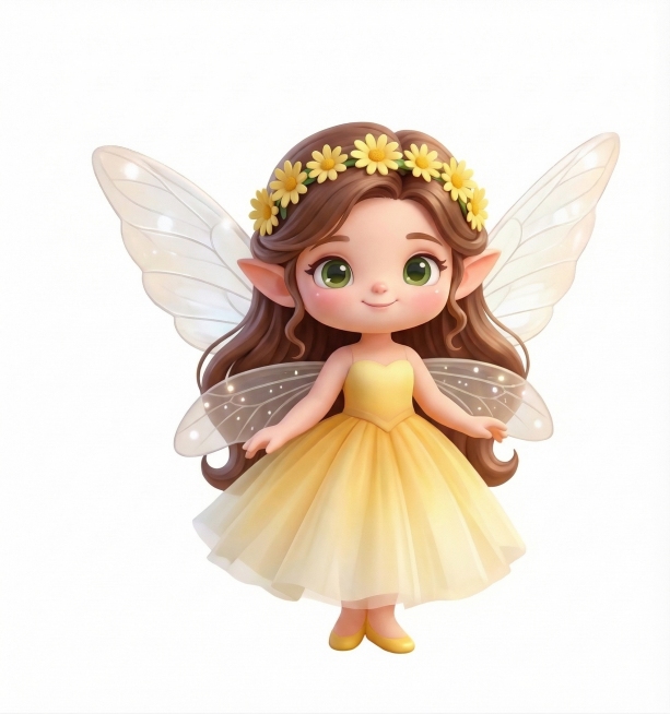 3D卡通Q版公主小精灵，白色背景，有着棕色的长卷发，头发上点缀着黄色的小雏菊花环，长着尖耳朵，大大的绿色眼睛，面带软萌的微笑，背后有透明的闪着细碎光点的昆虫翅膀，穿着鹅黄色的渐变纱裙，脚上是小巧的黄色预览效果