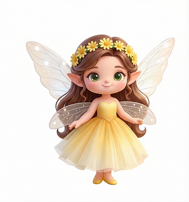 3D卡通Q版公主小精灵，白色背景，有着棕色的长卷发，头发上点缀着黄色的小雏菊花环，长着尖耳朵，大大的绿色眼睛，面带软萌的微笑，背后有透明的闪着细碎光点的昆虫翅膀，穿着鹅黄色的渐变纱裙，脚上是小巧的黄色鞋子，整体风格和参考图一致，可爱治愈，立体圆润
