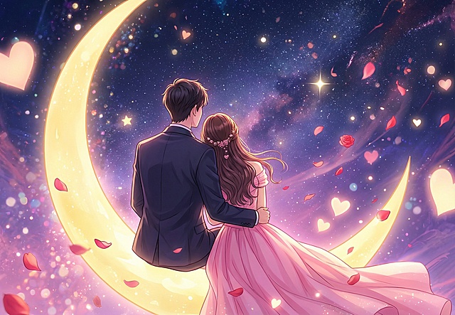 漫画风格，一对情侣，男生穿西装，女生穿礼服，在月牙上看星星，浪漫花瓣在空气中旋转，充满情人节氛围