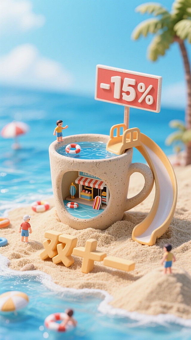 软3D风微缩艺术，沙滩咖啡杯泳池创意，粘土质感人物与滑梯，清新夏日促销氛围，双十一大促趣味呈现。