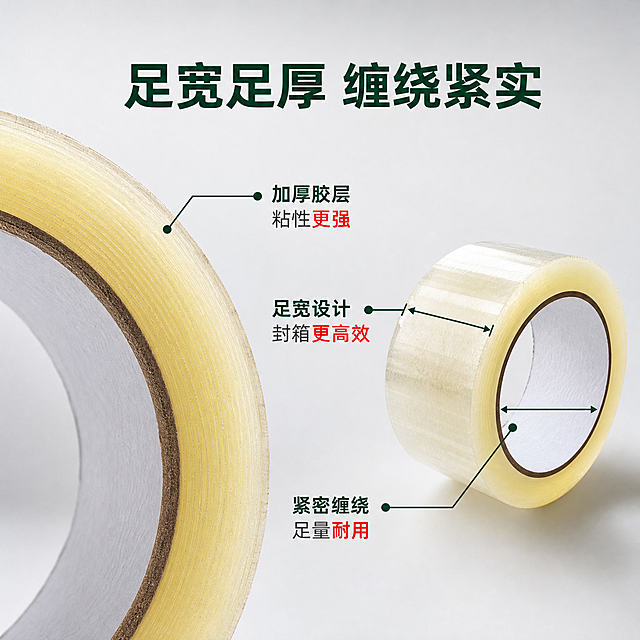 [主图-3] 透明高粘封箱胶带 材质结构与细节展示 足宽足厚 缠绕紧实，清新简约风格。左上角不放置任何Logo，保留左上角位置空白，无品牌标识。
[统一基调] 清新简约风，浅灰白色渐变干净背景，主色深绿、强调色红色、辅助色浅灰/白色；全部文字统一使用阿里普惠体字体（无衬线、现代简洁、笔画均匀）；标题深绿粗体大字，辅助文字深灰色，关键卖点用红色高亮；整体干净清爽、专业品质感。
[画面] 画面主体为透明高粘封箱胶带的侧面截面特写与整体展示。左侧大特写展示胶带卷侧面，清晰可见一层层紧密缠绕的胶层截面，层次分明，缠绕紧实，厚度饱满，足宽足厚，胶层均匀。右侧放一卷完整的胶带，展示整体外观。用简洁的深绿色细线引线标注三个细节：胶层厚度、胶带宽度、纸芯内径，标注风格简洁现代。背景为干净的浅灰白色渐变，白色干净台面。左上角空白，无Logo无文字。
[光影质感] 清新产品摄影质感，柔和侧光突出截面层次，胶层半透明质感清晰，缠绕层叠纹理真实，底部接触阴影柔和，截面细节锐利。
[配色] 浅灰白干净背景，胶带淡黄透明色；标注线深绿色，关键数据红色高亮关键词红色高亮。
[文字版式] 上方居中大标题主标题"足宽足厚 缠绕紧实"深绿色粗体大字，阿里普惠体；三个标注点分别标注"足宽设计 封箱更高效""加厚胶层 粘性更强""紧密缠绕 足量耐用"深绿色细引线连接对应部位，阿里普惠体；文字清晰不重叠，字体简洁现代。左上角完全空白。
[输出要求] 1:1正方形，2048x2048，文字清晰可读，截面细节清晰，背景干净简约，左上角无Logo，字体统一阿里普惠体；负向：变形 错字 模糊 杂乱 水印 平台Logo 人物 卡通 悬浮 复杂背景 工业风 Logo 品牌标识