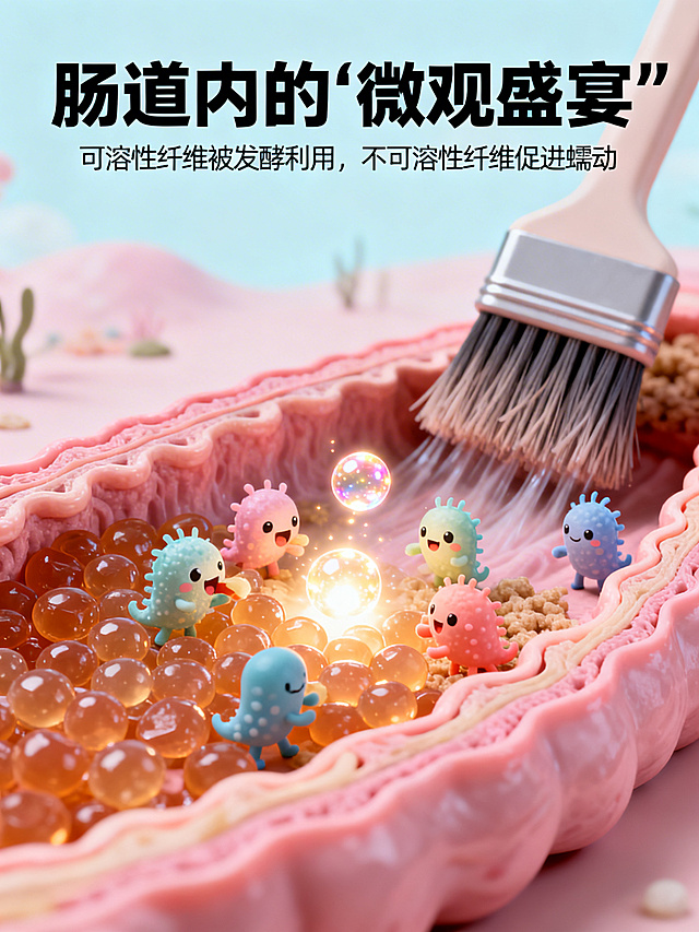采用微缩景观图。画面是一个肠道的横截面场景。前景：可溶性纤维（画成果冻状小颗粒）正被一群可爱的有益菌卡通“吃”掉，并转化为有益的短链脂肪酸（画成发光的小能量球）。背景：不可溶性纤维（画成小刷子）正在推动肠道内容物前进。	标题：肠道内的“微观盛宴”描述：可溶性纤维被发酵利用，不可溶性纤维促进蠕动。