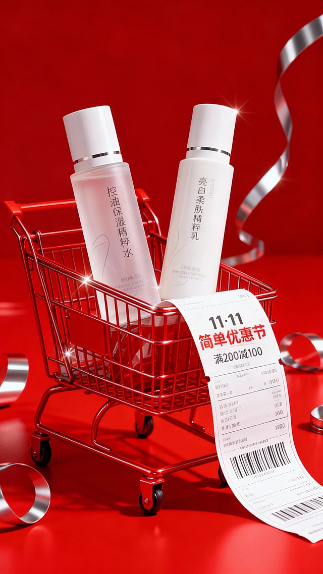 主视觉是一辆全红色购物车，将品牌护肤品放置在购物车内或周围，购物小票从购物车车筐延伸而出，小票上主标题为红字“11·11 简单优惠节”，副标题为“满200减100”。背景红色调，促销氛围。辅以银色金属、炫光等元素增加现代感和精致感。