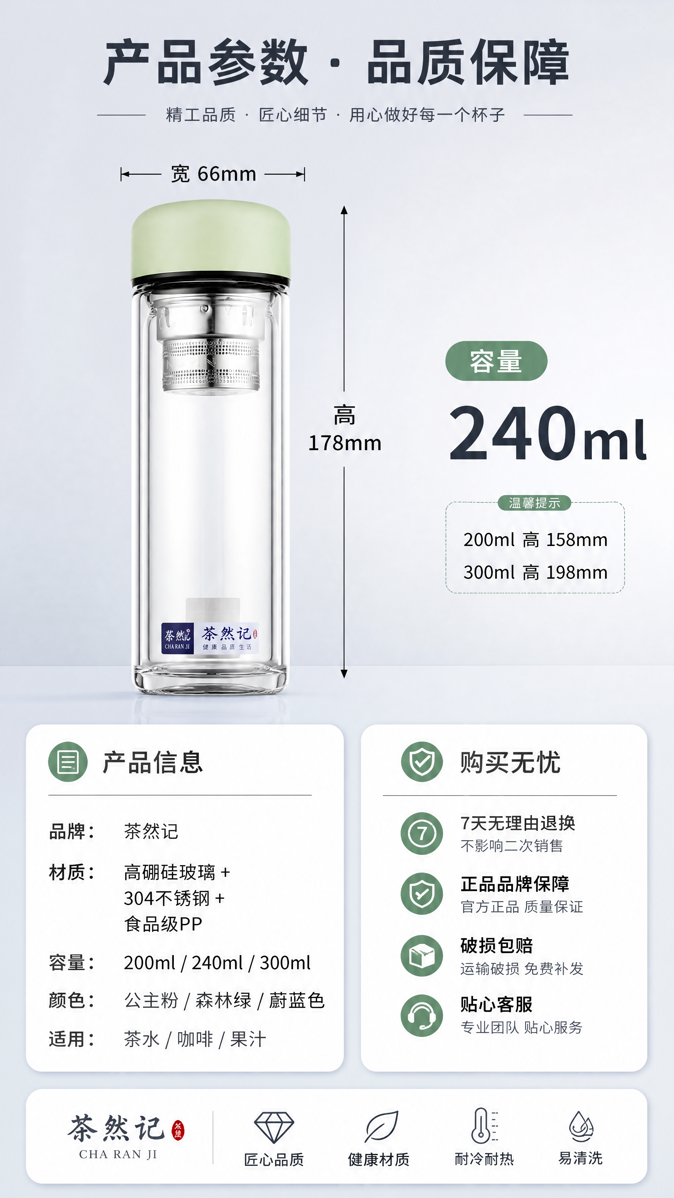 [第8张] 详情页规格参数+品牌保障页-茶然记玻璃杯参数表与售… - 图片创意预览