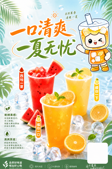 重新设计排版主标题"一口清爽 一夏无忧"，将主标题放置在图片中间位置，放大右上方的橙子饮料IP人物，并将IP人物整体向下移动一些，不要遮挡下方三杯饮品，保留原有三杯饮品倒三角构图、卖点文案和右下角二维预览效果