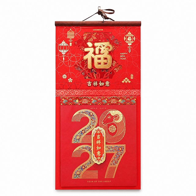 产品精修, 产品置于纯白背景上, 专业商业棚拍光, 5500K标准中性白光, 轮廓光, 体积光, 曝光正确, 强烈真实立体感, 提亮黑色/深色区域的结构层次, 拉开明暗过渡, 恢复部件边界、接缝、转折面和厚度关系, 避免一片死黑但保持原图深色属性, 接地处保留干净浅淡的自然接触阴影, 严禁大片投影、脏灰阴影和悬浮感, 主体居中, 商品完整入画不裁切, 商品外轮廓视觉体量约画面60%-80%, 四边均匀留白约10%-20%, 严禁满幅铺满与贴边顶满, 极致超清画质, 细节清晰锐利, 4K分辨率, 商业级实拍质感, 保留原图真实材质与结构细节, 明显提升商品表面洁净度, 清理灰尘、污渍、指纹、油污、胶痕和霉点, 让表面从脏旧发闷变为干净可售卖状态, 修复划痕、磨损、掉漆、飞边毛刺和使用旧痕, 翻新为干净商业新品感, 基于原图材质恢复纹理、颗粒、折射、高光、柔韧折痕、透明边线或工艺细节, 避免糊成塑料感, 去除非售卖主体杂物、临时垫块、包装垫、支撑块、纸片或填充物, 严禁误删商品结构, 锁定原图商品颜色, 颜色以输入图为唯一参考, 分段部件颜色边界按原图锁定, 还原真实物理色彩, 消除灰暗感和偏色, 锁定原图商品轮廓、件数、部件位置、连接关系、标签文字和可见功能细节, 只做精修不重绘结构, 挂历红色封面纸张: 哑光/半哑光纸质质感, 柔和漫反射, 低高光, 立体福字与2027吉祥如意珐琅彩区域: 光面金属质感按原图锁定, 高光边线清晰, 反射干净但不过度镜面化, 顶部木质挂轴: 木质纹理自然, 纹路方向和色差按原图保留, 正视图, 标准透视校正, 正常透视焦段, 保持同类机位, 比例1:1