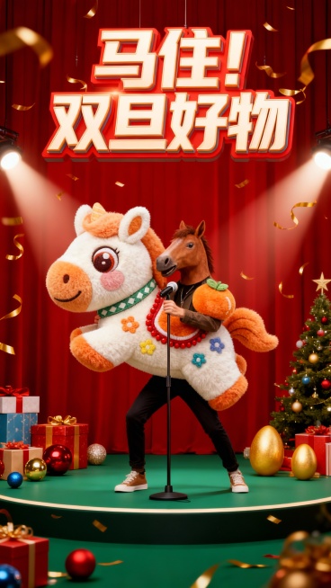 围绕模特构图，带棕色马头面具的模特（时尚年轻的穿搭）手持超级巨大化的产品摆出活泼的姿势握着前面的立麦在一个舞台上，舞台上搭配礼盒、彩球、圣诞树和金蛋，周围飘着金色彩带制造氛围；画面顶部巨大的3D创意变预览效果
