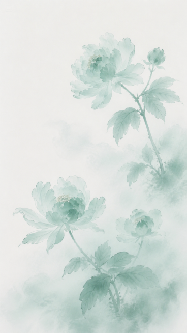 新中式水墨花卉，浅青绿色调，写意国画风格，淡雅空灵，花卉花枝，和参考图风格一致，不同的花卉布局构图预览效果