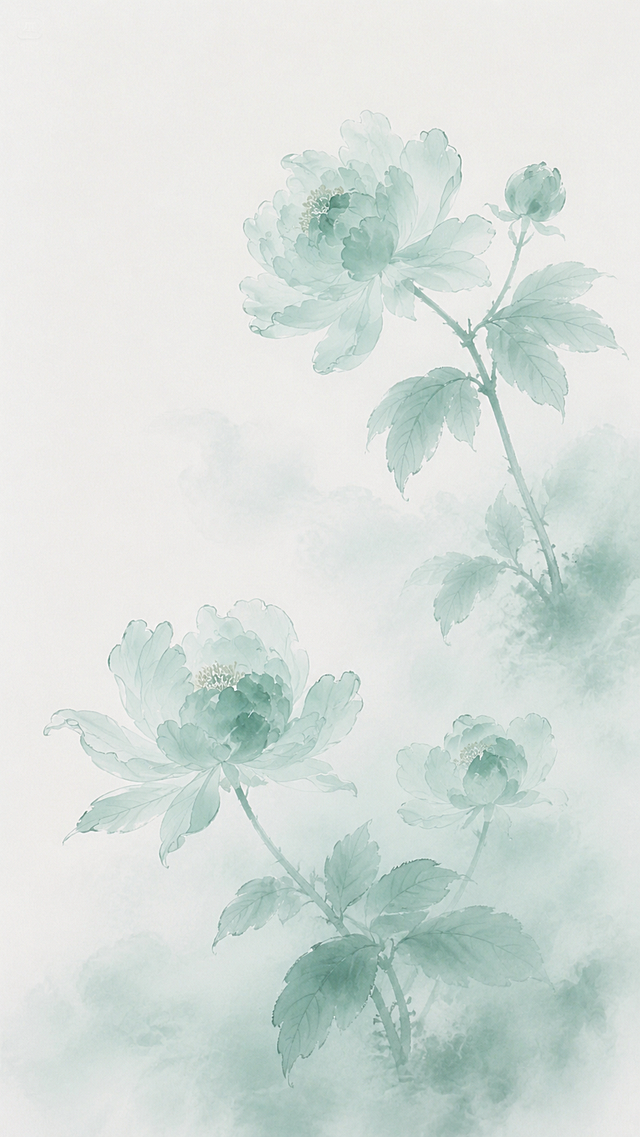 新中式水墨花卉，浅青绿色调，写意国画风格，淡雅空灵，花卉花枝，和参考图风格一致，不同的花卉布局构图