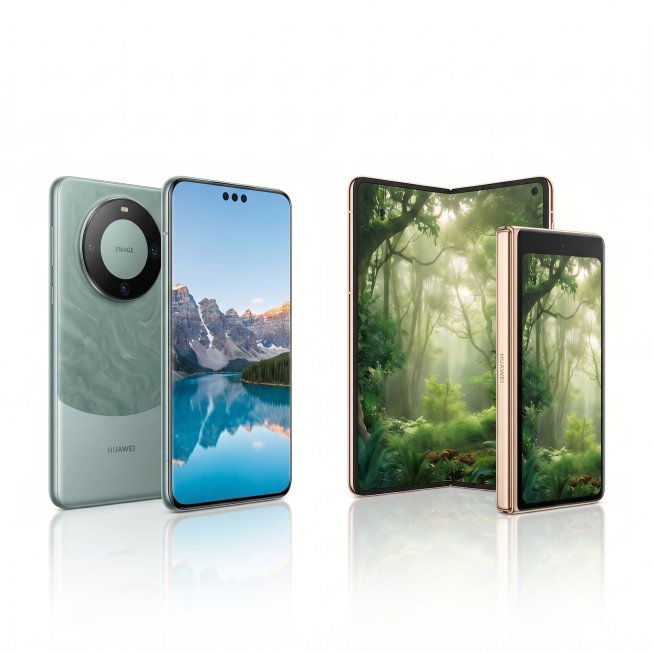 从第一张图选一款华为Mate 60 Pro直屏手机，从第二张图选一款华为Mate X5折叠屏手机，将两款不同型号手机合并到同一张图，合理分布摆放，保证两款手机都完整展示，互相不遮挡，全方位呈现产品，保预览效果