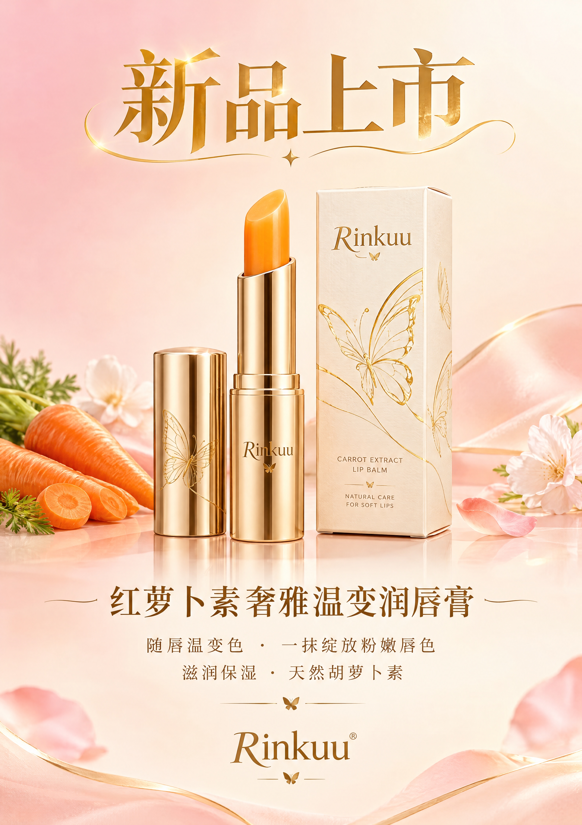 红萝卜素润养唇膏新品上市海报，A4竖版尺寸。画面顶部大字"新品… - 图片创意预览