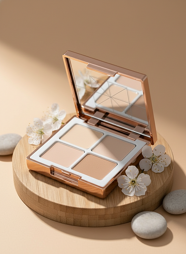 柔和感与舒适感交织，清新雅致的3D风彩妆盘，金属质感外壳搭配木雕风底座，樱花点缀，呈现唯美的实景感。