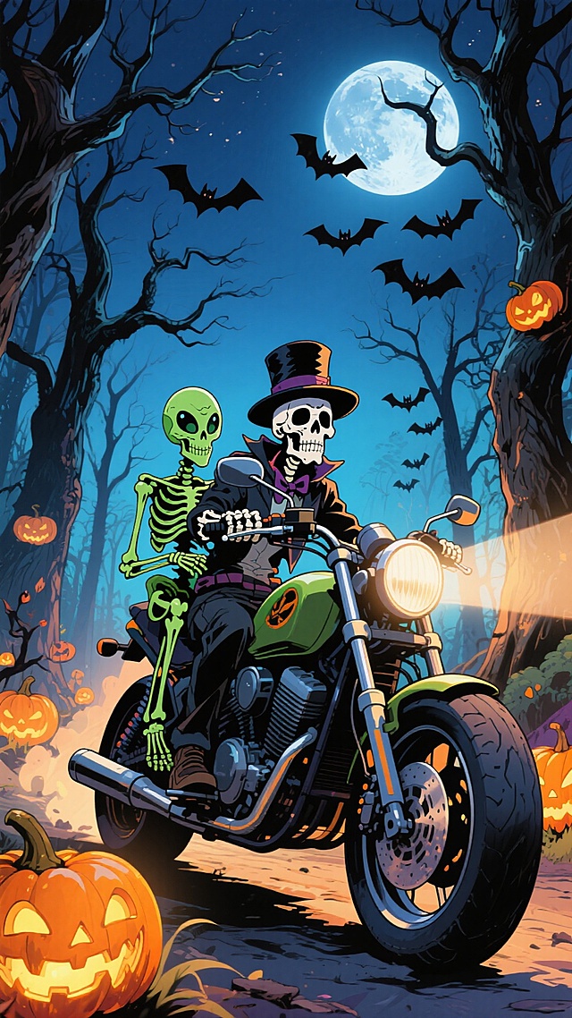 哥特风格与卡通感交融，骷髅骑手驾摩托穿行于南瓜灯与蝙蝠环绕的幽暗森林，月光下透出神秘与惊悚，拟人化角色赋予故事感，酷炫光影营造万圣节插画风。